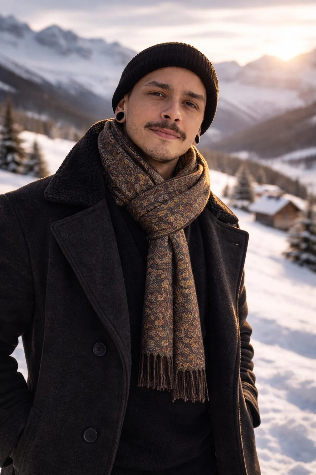 Dave im Wintermantel vor verschneiten Bergen im Abendlicht